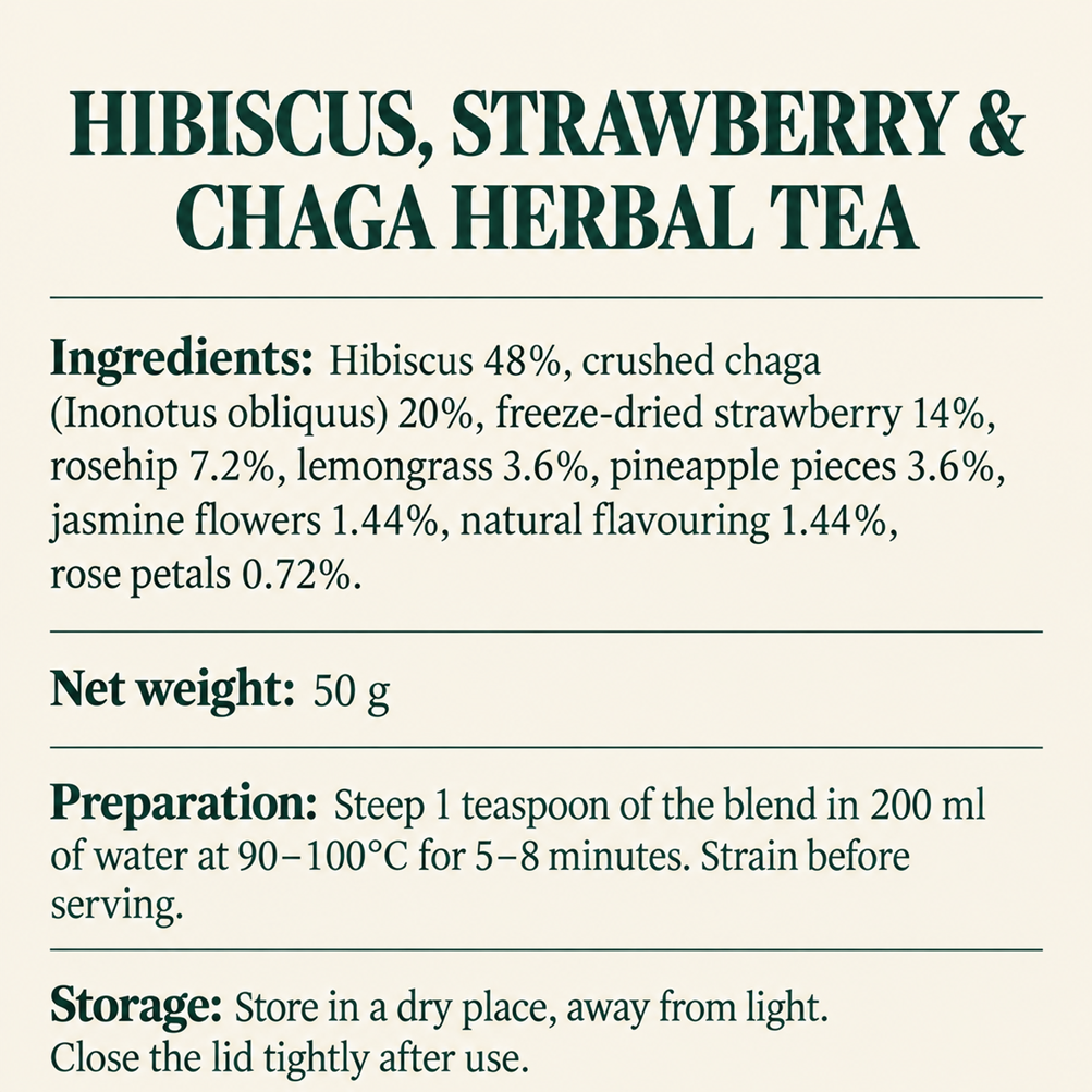 Sienami Gourmet — Hibiscus, Strawberry & Chaga Herbal Tea  | 50 g